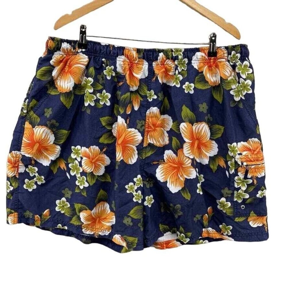 Sand & Sun Swim‎ Trunks Mens 2XL 44-46 Blue Floral Hawaiian Mesh Lined Pockets